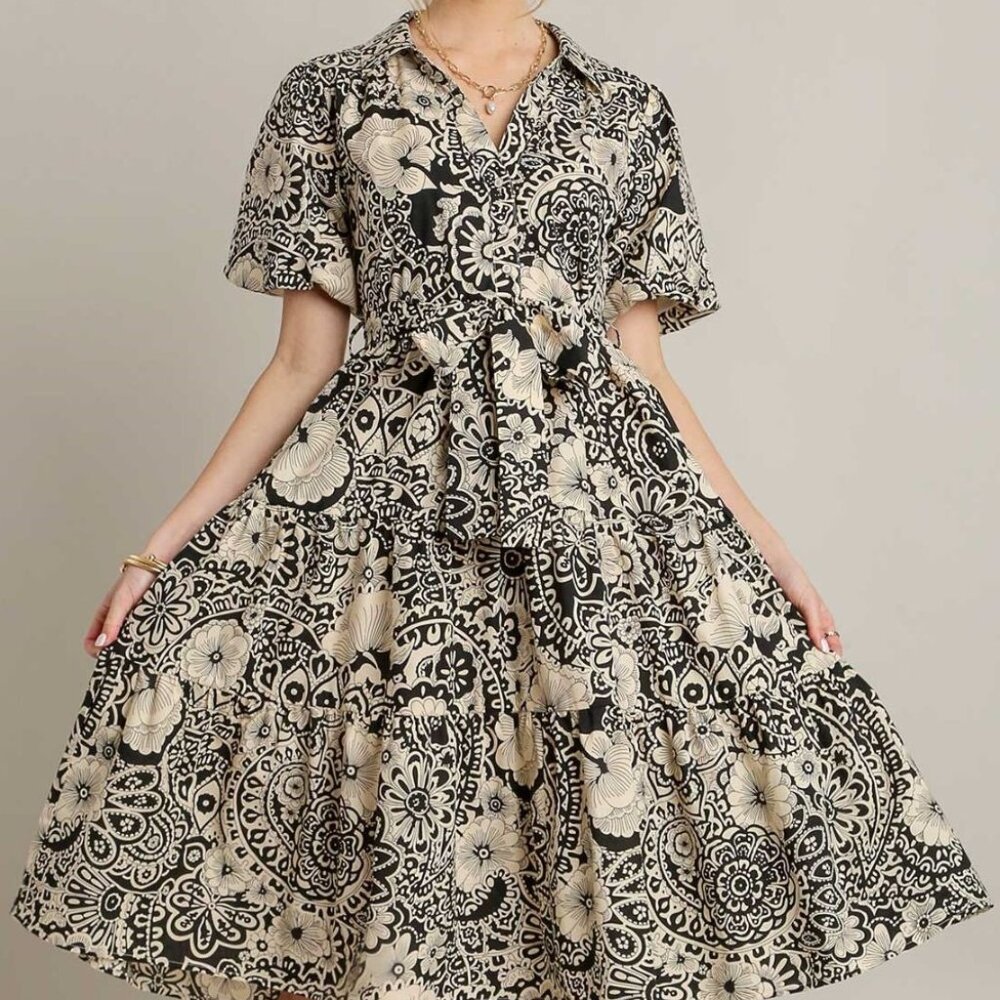 Umgee Full Size Mixed Print A-Line Tiered Midi Dress Plus Size- NEW WITH TAGS!